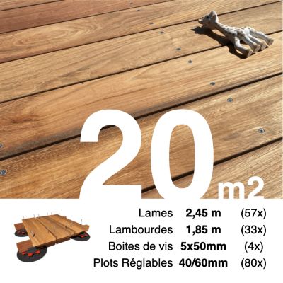 Kit complet terrasse bois exotique JATOBA pour 20 m², Lames 2,45 m, lambourdes 1,85 m, plots réglables et visserie Inox.