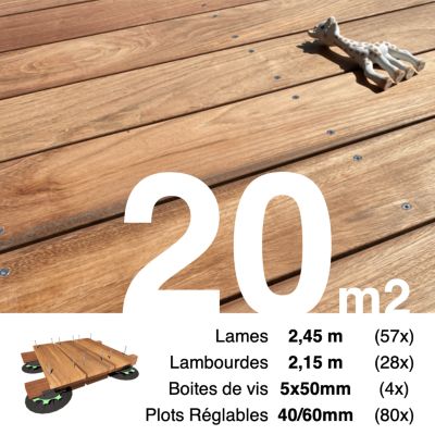 Kit complet terrasse bois exotique JATOBA pour 20 m², Lames 2,45 m, lambourdes 2,15 m, plots réglables et visserie Inox.