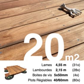 Kit complet terrasse bois exotique JATOBA pour 20 m², Lames 4,55 m, lambourdes 2,15 m, plots réglables et visserie Inox.