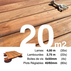 Kit complet terrasse bois exotique JATOBA pour 20 m², Lames 4 m, lambourdes 3,3 m, plots réglables et visserie Inox.