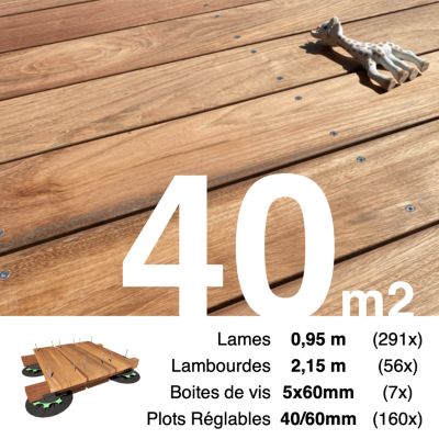 Kit complet terrasse bois exotique JATOBA pour 40 m², Lames 0,95 m, lambourdes 2,15 m, plots réglables et visserie Inox.