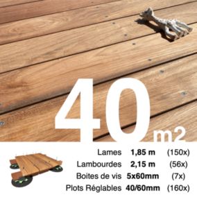 Kit complet terrasse bois exotique JATOBA pour 40 m², Lames 1,85 m, lambourdes 2,15 m, plots réglables et visserie Inox.