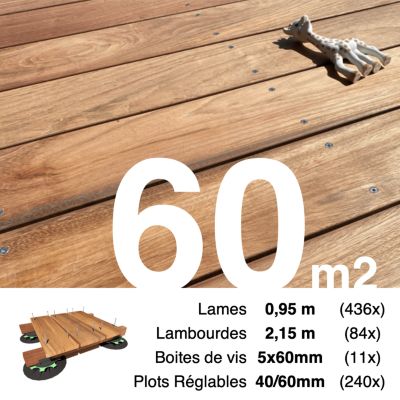 Kit complet terrasse bois exotique JATOBA pour 60 m², Lames 0,95 m, lambourdes 2,15 m, plots réglables et visserie Inox.