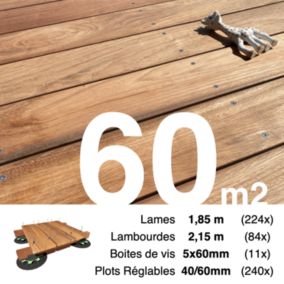 Kit complet terrasse bois exotique JATOBA pour 60 m², Lames 1,85 m, lambourdes 2,15 m, plots réglables et visserie Inox.