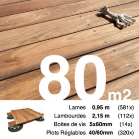 Kit complet terrasse bois exotique JATOBA pour 80 m², Lames 0,95 m, lambourdes 2,15 m, plots réglables et visserie Inox.