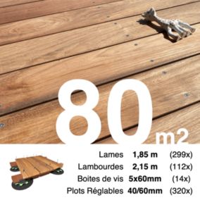 Kit complet terrasse bois exotique JATOBA pour 80 m², Lames 1,85 m, lambourdes 2,15 m, plots réglables et visserie Inox.