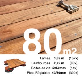 Kit complet terrasse bois exotique JATOBA pour 80 m², Lames 3,65 m, lambourdes 3,3 m, plots réglables et visserie Inox.