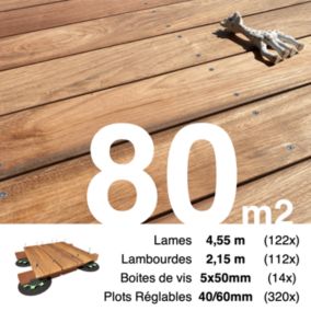 Kit complet terrasse bois exotique JATOBA pour 80 m², Lames 4,55 m, lambourdes 2,15 m, plots réglables et visserie Inox.