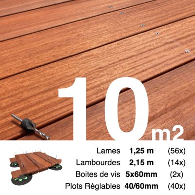 Kit complet terrasse bois exotique PADOUK pour 10 m², Lames 1,25 m, lambourdes 2,15 m, plots réglables et visserie Inox.