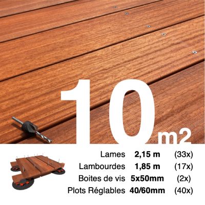 Kit complet terrasse bois exotique PADOUK pour 10 m², Lames 2,15 m, lambourdes 2,15 m, plots réglables et visserie Inox.