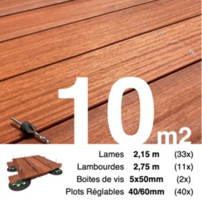 Kit complet terrasse bois exotique PADOUK pour 10 m², Lames 2,15 m, lambourdes 2,75 m, plots réglables et visserie Inox