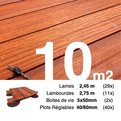 Kit complet terrasse bois exotique PADOUK pour 10 m², Lames 2,45 m, lambourdes 2,45 m, plots réglables et visserie Inox.
