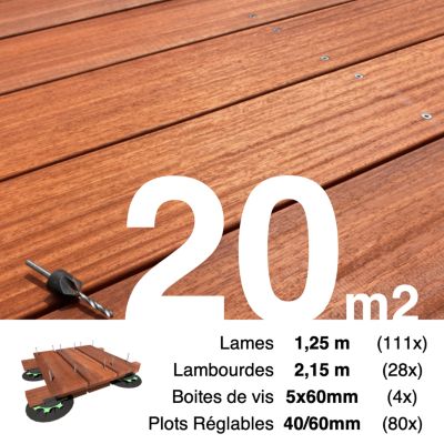 Kit complet terrasse bois exotique PADOUK pour 20 m², Lames 1,25 m, lambourdes 2,15 m, plots réglables et visserie Inox.