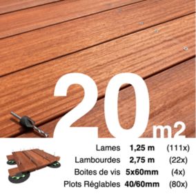 Kit complet terrasse bois exotique PADOUK pour 20 m², Lames 1,25 m, lambourdes 2,75 m, plots réglables et visserie Inox