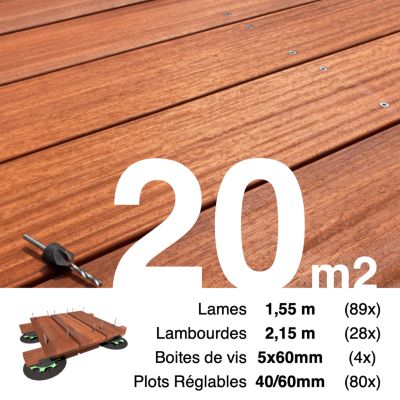 Kit complet terrasse bois exotique PADOUK pour 20 m², Lames 1,55 m, lambourdes 2,15 m, plots réglables et visserie Inox.