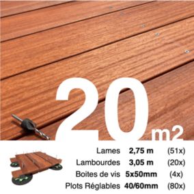 Kit complet terrasse bois exotique PADOUK pour 20 m², Lames 2,75 m, lambourdes 3,05 m, plots réglables et visserie Inox.