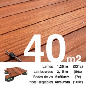 Kit complet terrasse bois exotique PADOUK pour 40 m², Lames 1,25 m, lambourdes 2,15 m, plots réglables et visserie Inox.