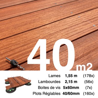 Kit complet terrasse bois exotique PADOUK pour 40 m², Lames 1,55 m, lambourdes 2,15 m, plots réglables et visserie Inox.