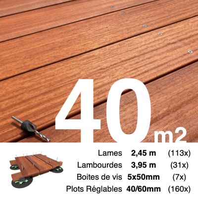 Kit complet terrasse bois exotique PADOUK pour 40 m², Lames 2,45 m, lambourdes 3,95 m, plots réglables et visserie Inox.