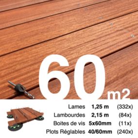 Kit complet terrasse bois exotique PADOUK pour 60 m², Lames 1,25 m, lambourdes 2,15 m, plots réglables et visserie Inox.