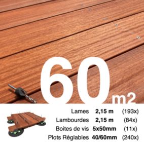 Kit complet terrasse bois exotique PADOUK pour 60 m², Lames 2,15 m, lambourdes 2,15 m, plots réglables et visserie Inox.