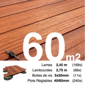 Kit complet terrasse bois exotique PADOUK pour 60 m², Lames 2,45 m, lambourdes 2,75 m, plots réglables et visserie Inox