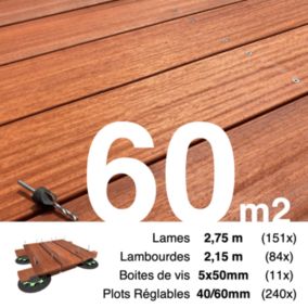 Kit complet terrasse bois exotique PADOUK pour 60 m², Lames 2,75 m, lambourdes 2,15 m, plots réglables et visserie Inox.