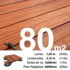 Kit complet terrasse bois exotique PADOUK pour 80 m², Lames 1,25 m, lambourdes 2,15 m, plots réglables et visserie Inox.