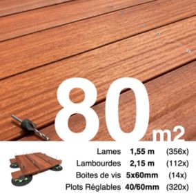 Kit complet terrasse bois exotique PADOUK pour 80 m², Lames 1,55 m, lambourdes 2,15 m, plots réglables et visserie Inox.