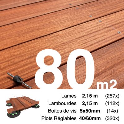 Kit complet terrasse bois exotique PADOUK pour 80 m², Lames 2,15 m, lambourdes 2,15 m, plots réglables et visserie Inox.