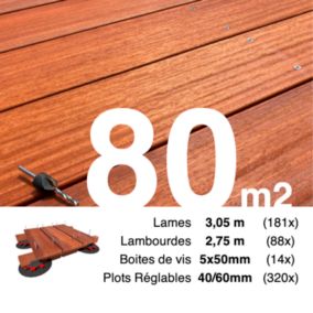 Kit complet terrasse bois exotique PADOUK pour 80 m², Lames 3,05 m, lambourdes 3,3 m, plots réglables et visserie Inox.