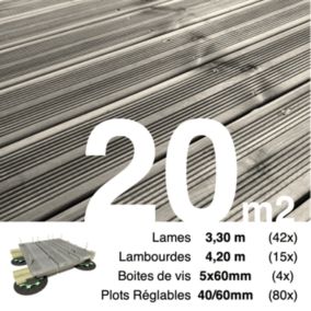 Kit complet terrasse Pin autoclave Gris pour 20 m², Lames 3,3 m, lambourdes 4,2 m, plots réglables et visserie Inox