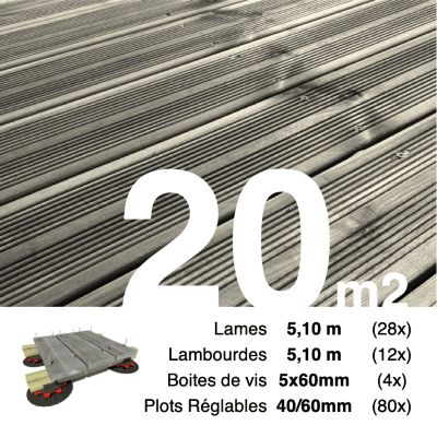 Kit complet terrasse Pin autoclave Gris pour 20 m², Lames 5,1 m, lambourdes 5,1 m, plots réglables et visserie Inox.