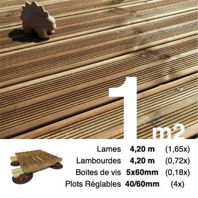 Kit complet terrasse Pin autoclave Marron pour 1 m², Lames 4,2 m, lambourdes 4,2 m, plots réglables et visserie Inox.