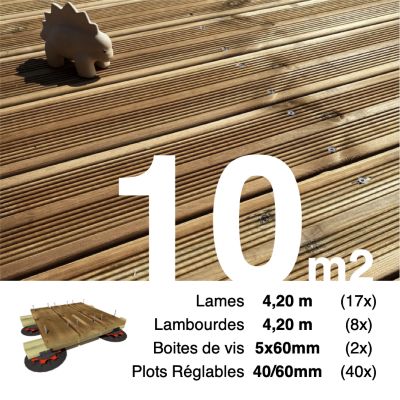Kit complet terrasse Pin autoclave Marron pour 10 m², Lames 4,2 m, lambourdes 4,2 m, plots réglables et visserie Inox.