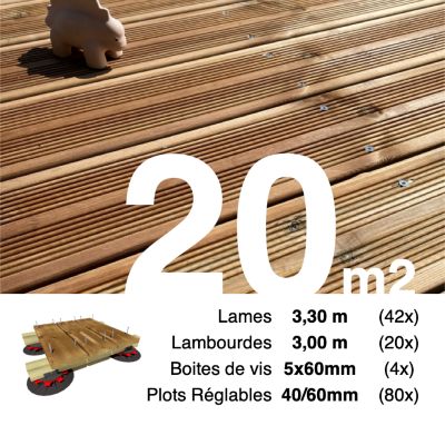 Kit complet terrasse Pin autoclave Marron pour 20 m², Lames 3,3 m, lambourdes 3 m, plots réglables et visserie Inox.