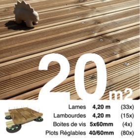 Kit complet terrasse Pin autoclave Marron pour 20 m², Lames 4,2 m, lambourdes 4,2 m, plots réglables et visserie Inox