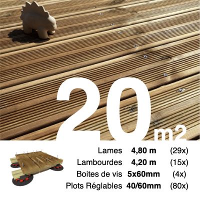 Kit complet terrasse Pin autoclave Marron pour 20 m², Lames 4,8 m, lambourdes 4,2 m, plots réglables et visserie Inox.
