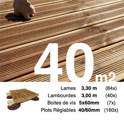 Kit complet terrasse Pin autoclave Marron pour 40 m², Lames 3,3 m, lambourdes 3 m, plots réglables et visserie Inox.