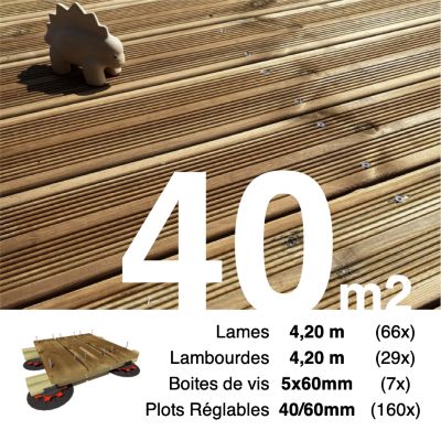 Kit complet terrasse Pin autoclave Marron pour 40 m², Lames 4,2 m, lambourdes 4,2 m, plots réglables et visserie Inox.