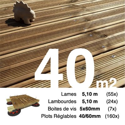 Kit complet terrasse Pin autoclave Marron pour 40 m², Lames 5,1 m, lambourdes 5,1 m, plots réglables et visserie Inox.