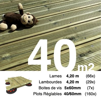 Kit complet terrasse Pin autoclave Vert pour 40 m², Lames 4,2 m, lambourdes 4,2 m, plots réglables et visserie Inox.