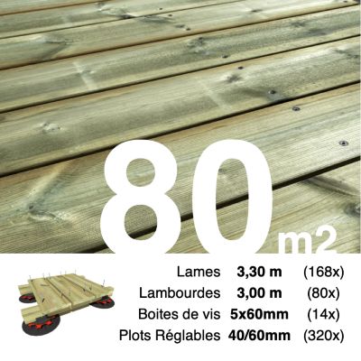 Kit complet terrasse Pin autoclave Vert pour 80 m², Lames 3,3 m, lambourdes 3 m, plots réglables et visserie Inox.