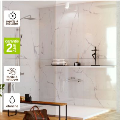 Kit de 2 Panneaux Mural Revetement Décoratif pour Salle de Bains et WC, L120xl120x0.4 , marbre blanc, KOBERT IN Mud White