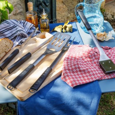 Kit de 4 accessoires pour barbecue (pince 42,5cm, spatule 44cm, fourchette 44cm, brosse 44cm) acier inoxydable avec manche soft touch Somagic