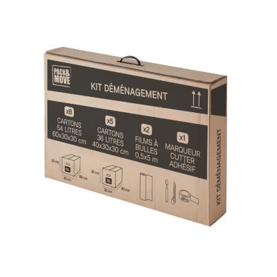 Kit de déménagement complet avec cartons, papier bulles, scotch, cutter et feutre, Pack and Move