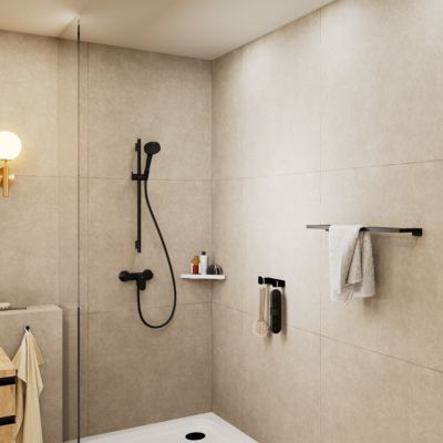 Kit de douche sans robinetterie avec douchette 2 jets + flexible + barre réglable, noir mat, Hansgrohe EcoSmart Vernis Blend