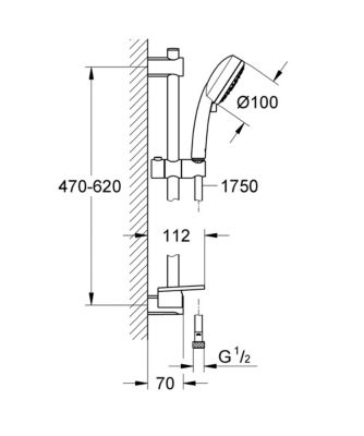 Kit de douche sans robinetterie avec douchette 4 jets + flexible + barre réglable, chrome, Grohe Vitalio 100