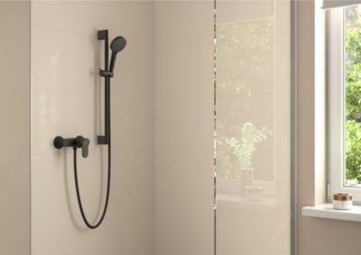 Kit de douche sans robinetterie avec pommeau + douchette 2 jets + barre réglable, noir, Hansgrohe Vernis Blend