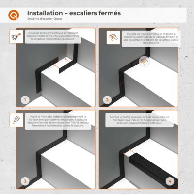 Kit de finition d'escalier PVC QUEST 40x40 mm - 5 éléments de 150 cm, escalier fermé des deux côtés, beige